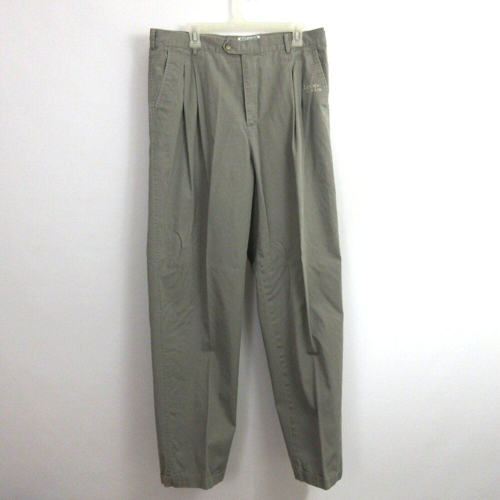 Izod Club Slacks 38Wx34L Pants Gray Pleated Front Tapered Leg Cuffed 100% Cotton